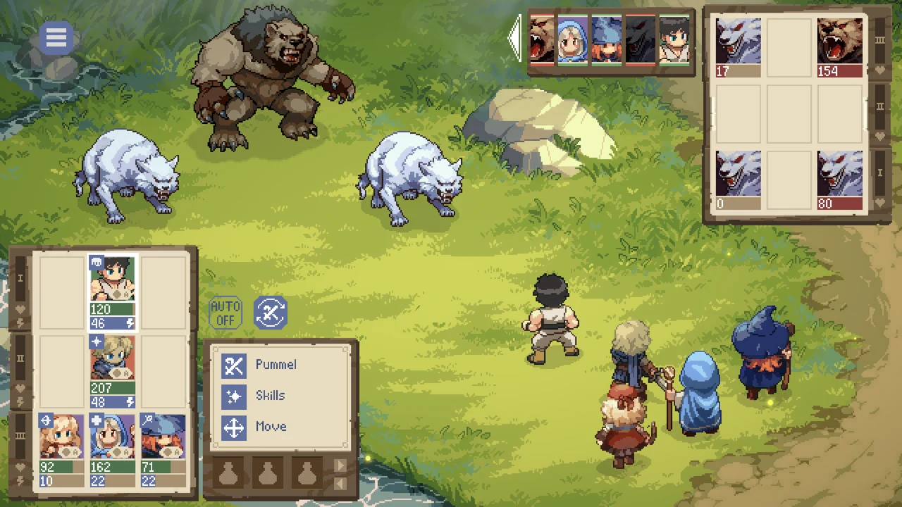 Wildlands of Faenora battle — the party faces a great bear and white wolves in a sunlit forest clearing, choosing between Pummel, Skills, and Move
