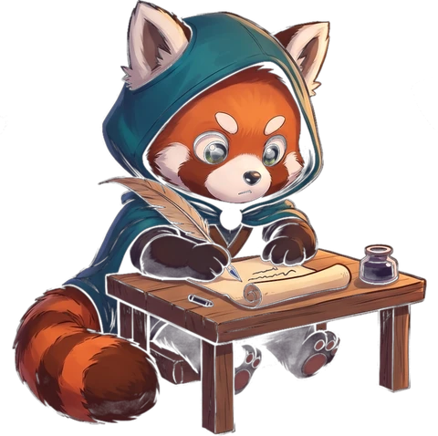 Moochkin, the studio's hooded red panda mascot, writing a letter at his desk